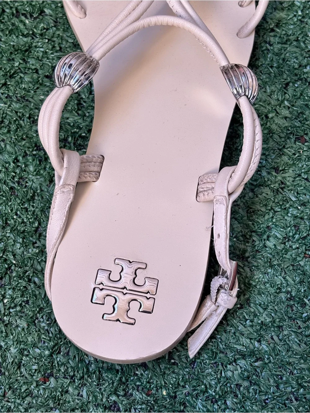 Tory Burch White Leather Sandals with Silver-Tone Accents